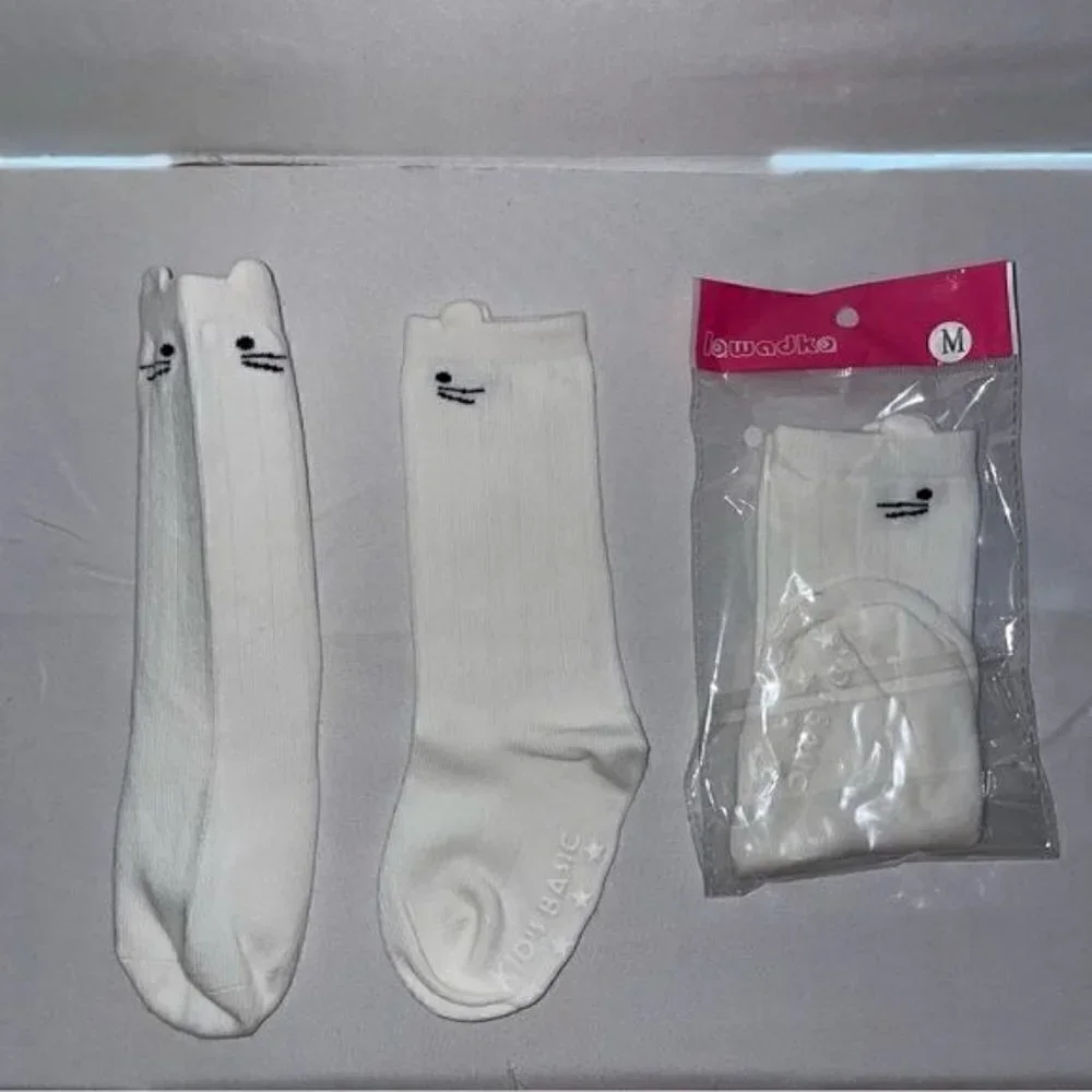 Non-Slip Bottoms Toddler Baby Socks Knee Length Grip Cat Face Whiskers pull on